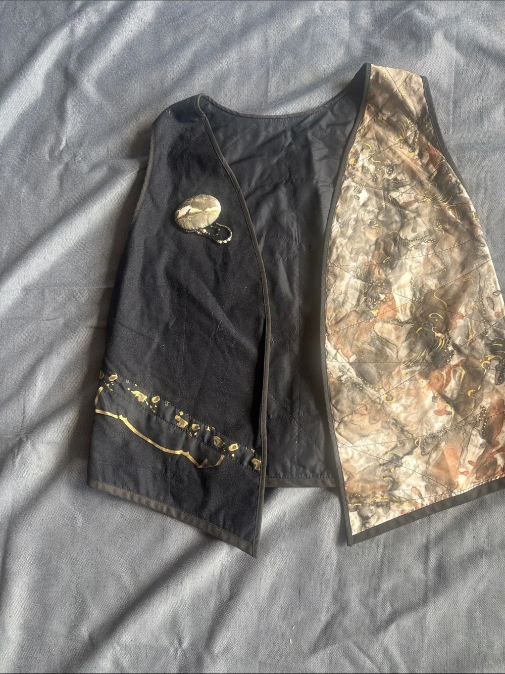 Black & Marble-Print Women's Vest with Gold Accents